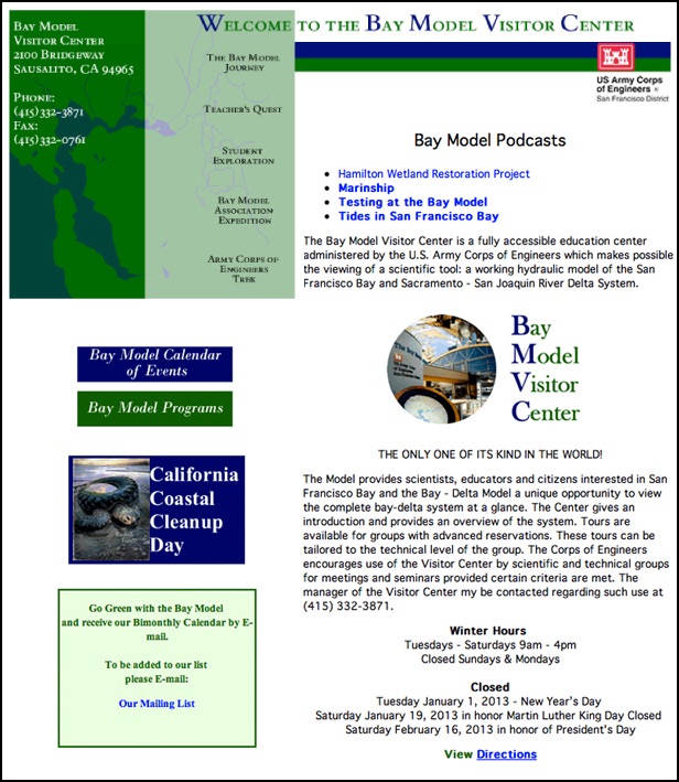 Bay Model Visitor Center Website designed by Susan Searway Art & Design