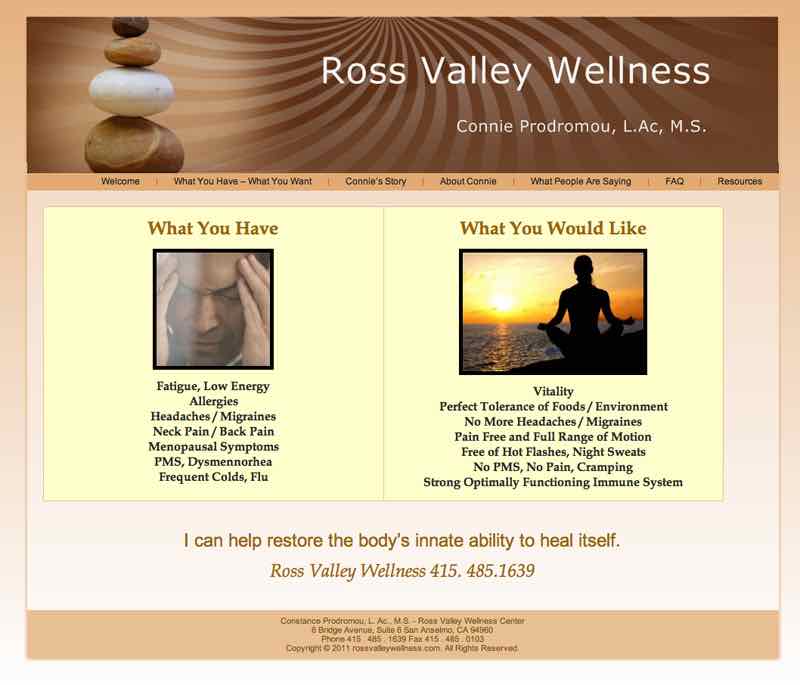 Ross Valley Wellness Center WordPress Website designed by Susan Searway Art & Design