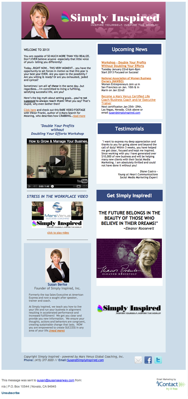 Sample of Emailer Campaign - Simply Inspired- Susan Berke