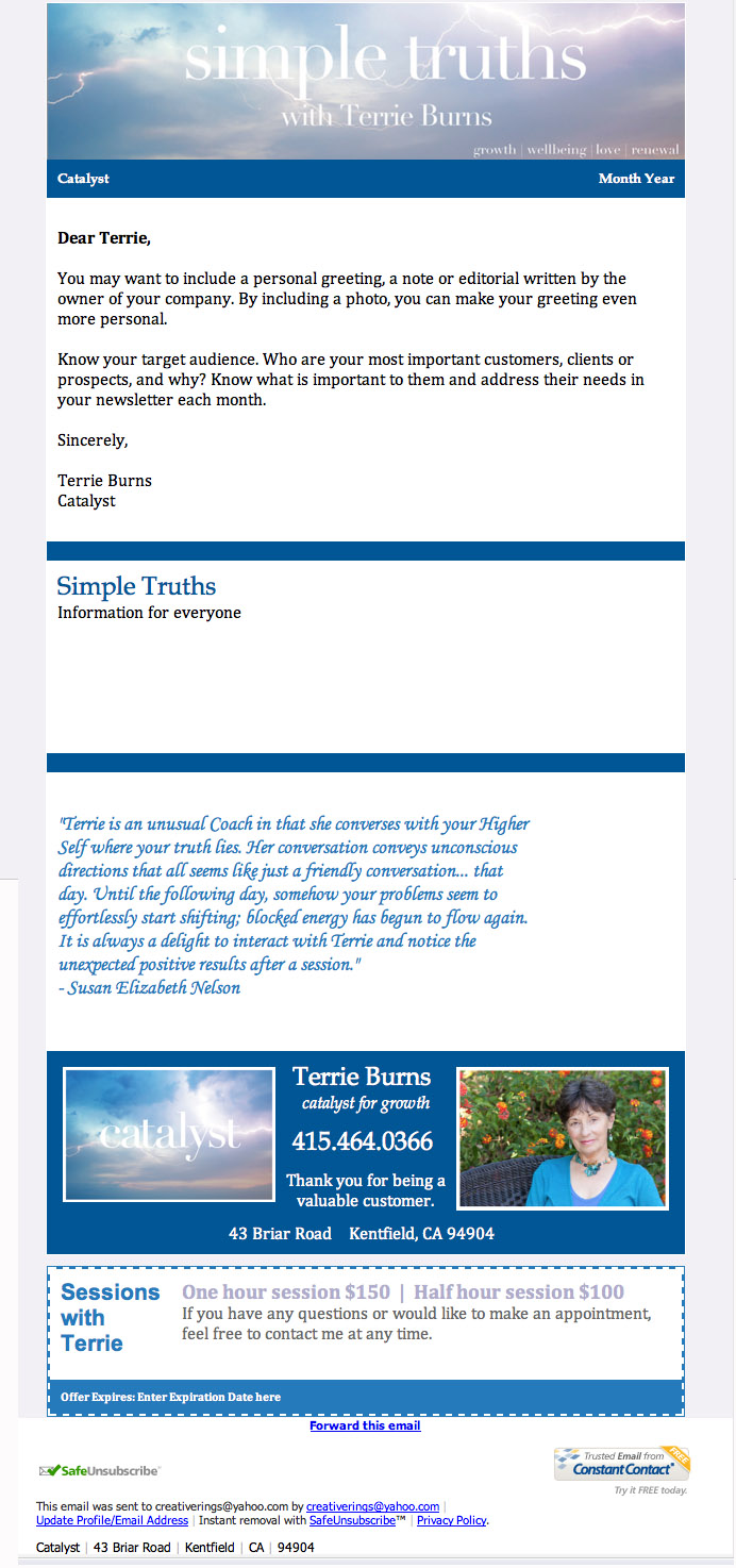 Sample of Terrie Burns Constant Contact Emailer Campaign