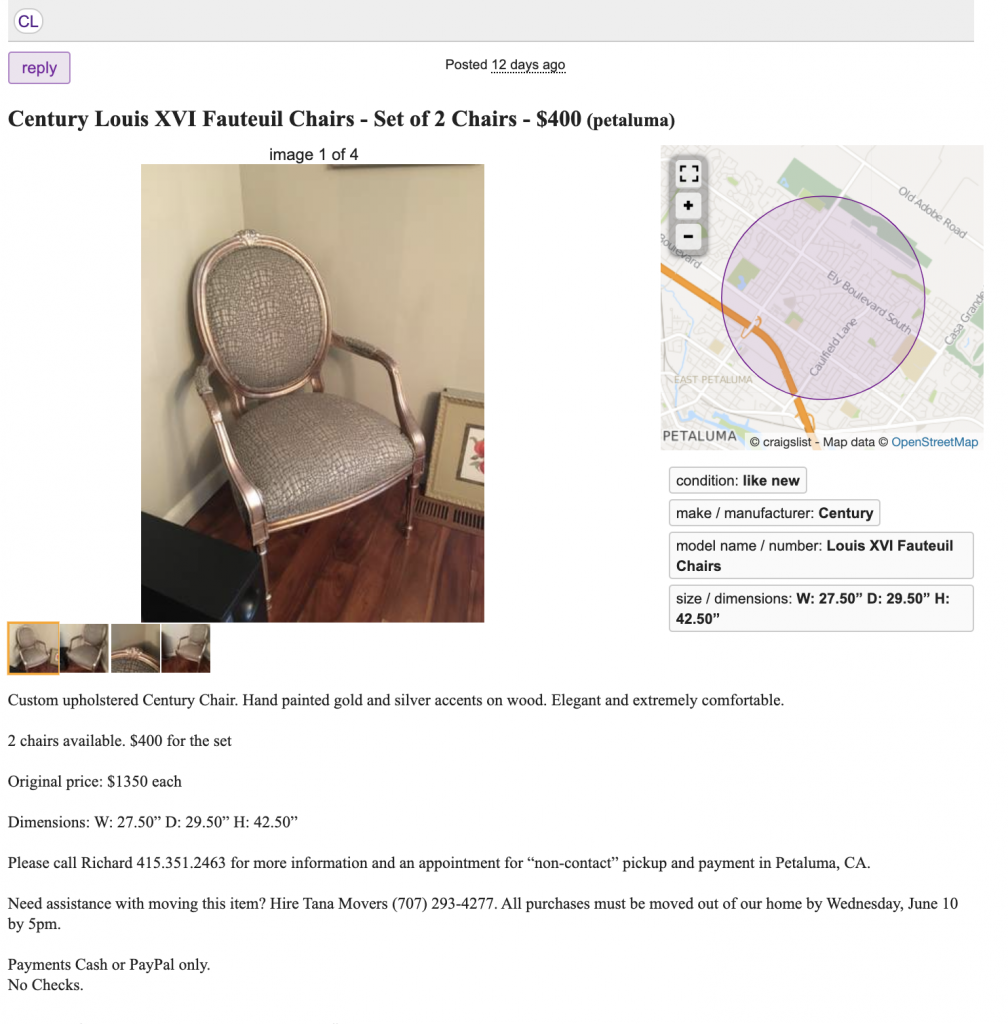 Social Media Product For Sale Posts | Craigs List French Chair